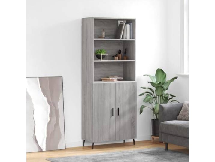 Elegantes Highboard mit Wandhalterung, modernes Highboard mit Metallfüßen und stilvolles mit Aufbewahrungsfächern aus Holzwerkstoff mit glatter Oberfläche in Grau Sonoma