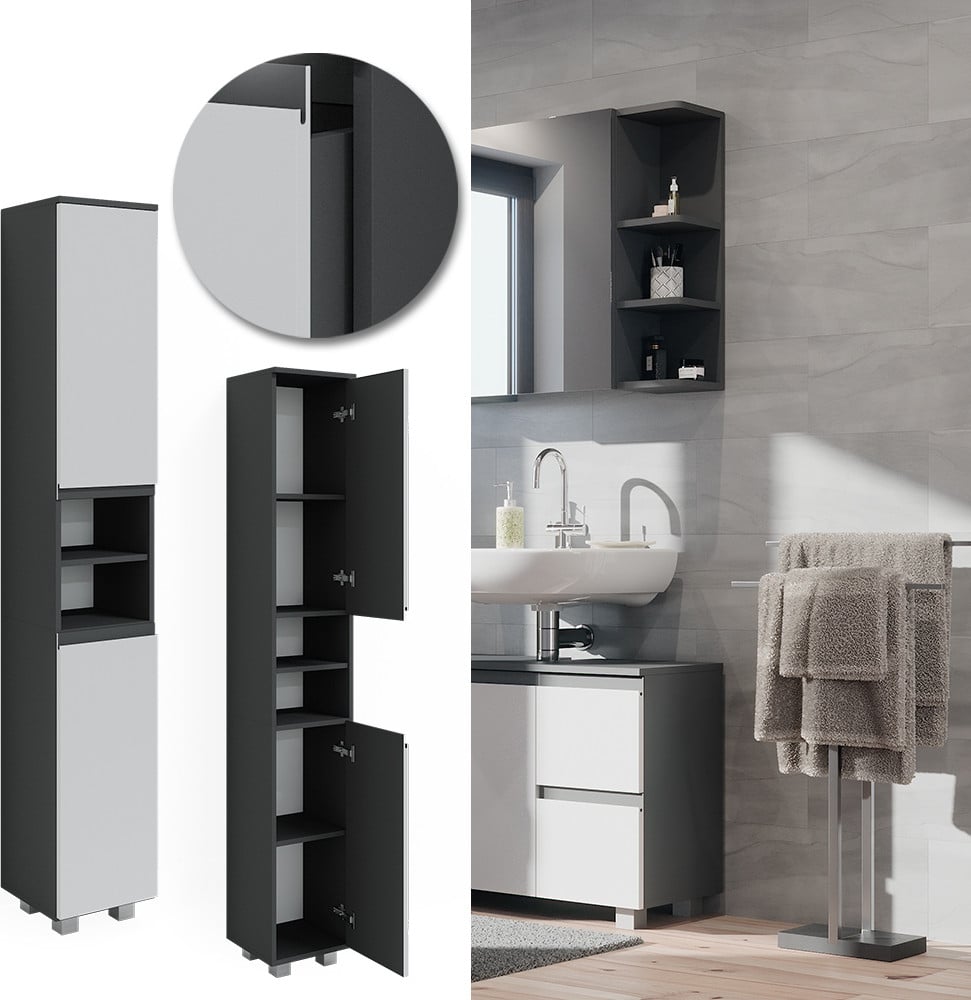 Vicco Badkamerkast J-Shape Wit met deuren en open schappen, H: 190 cm