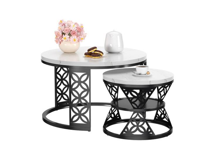 Modfu Couchtisch 2-teiliges Set Nesting Satztisch 70x70x45 cm + 45x45x37 cm Weiß und Schwarz mit Marmor Furnier, 70x45x70 cm, Wohnzimmer, Wohnzimmertische, Couchtische
