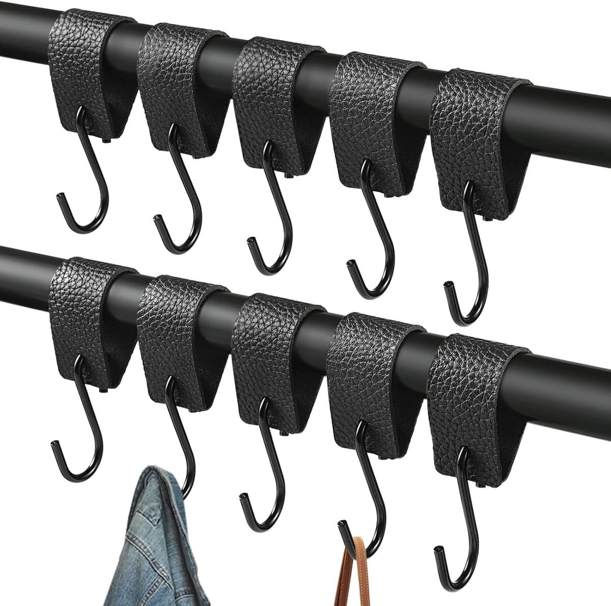 S-haak 10 stuks met leren lus zwart metaal voor kleding en accessoires