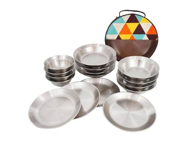 ROYJJ Set mit 16 Edelstahl-Tellern, spülmaschinenfest, Picknick-Geschirr, praktisches Küchenzubehör für Outdoor-Camping