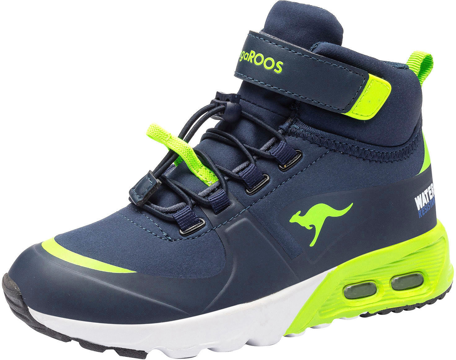 Sneaker KANGAROOS "KX-Hydro", Jungen, Gr. 28, blau (navy, lime), Synthetik, Textil, Schuhe Sneaker, Sneakerboot, Winterschuh, wasserdicht, Schnellschnürung navy, lime 28
