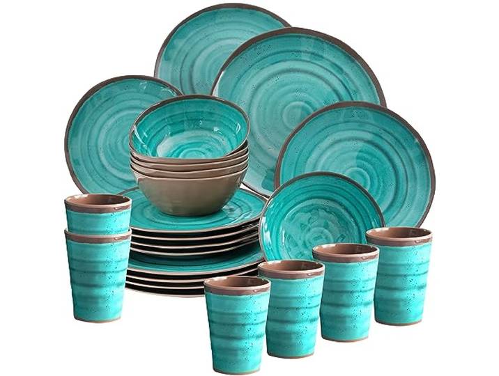 Melamin Geschirr Set 6 Personen Steingut Optik aqua-grün 24 Teile Tellern