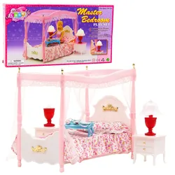 Puppenmöbel-Set: Himmelbett, Nachttische, Lampen