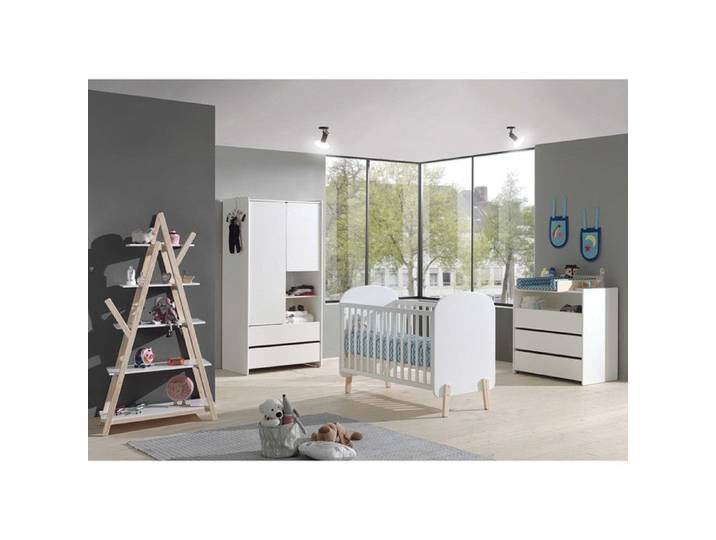 BODHI WHITE - Lit Bébé 60x120cm + Pack Commode + Armoire 2P + Etagère