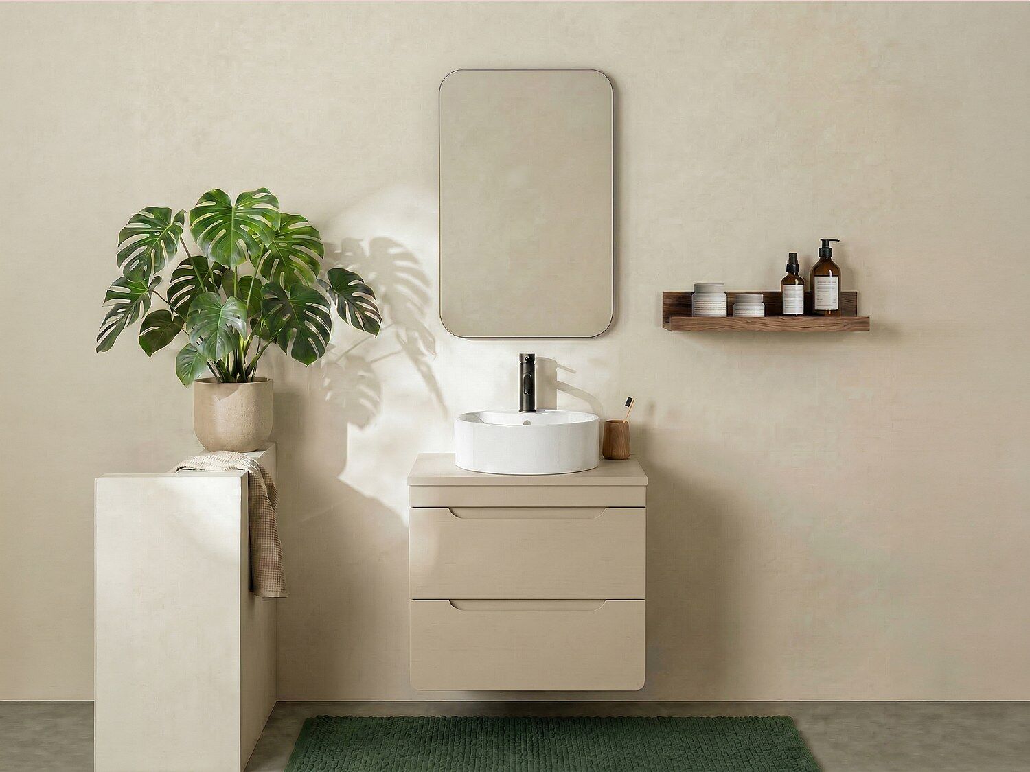Unique Mueble de baño suspendido con lavabo sobre encimera redondo - Beige - 60 cm - ARUBA