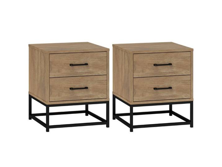 FSX Ensemble de 2 tables de chevet à 2 tiroirs style industriel en bois et acier couleur bois