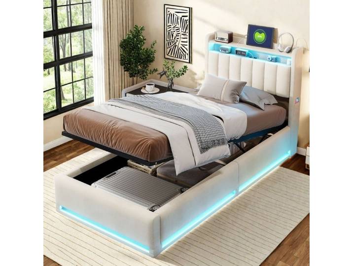 Lit coffre - URBANLUXE - 90x200 cm - Velours beige - LED intégrée - Coffre de rangement