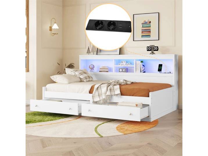 DRIPEX Lit de jour en bois 90x200cm Canapé-lit avec LED et prises USB lit avec deux tiroirs sommier à lattes Blanc
