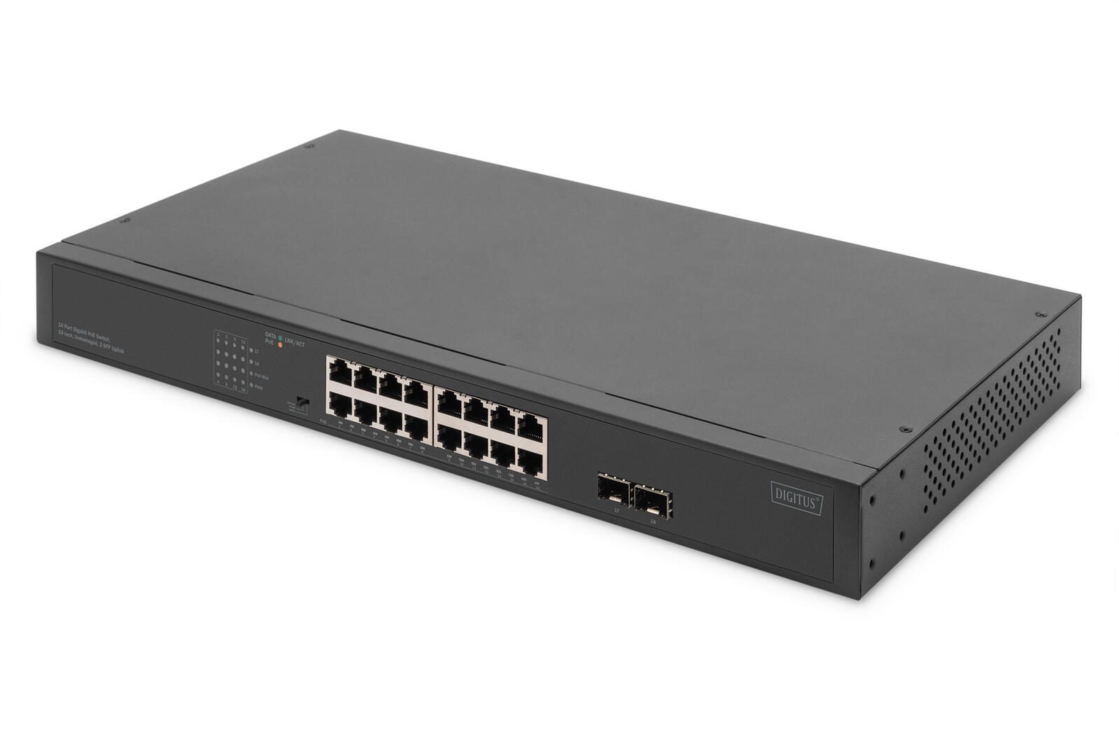 Digitus 16-Port Gigabit Netzwerkswitch, 19 Zoll, unmanaged, 2 Uplink Ports, SFP DN-95347-2
