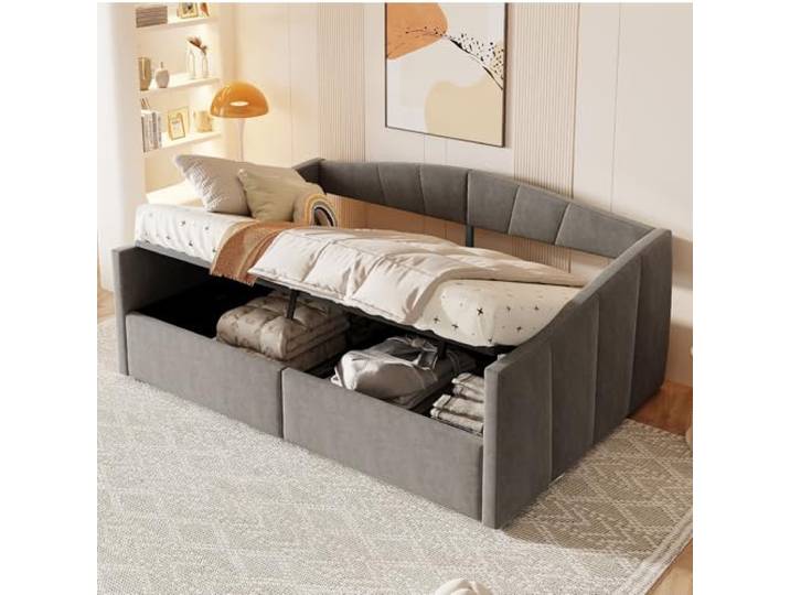 Ball & Cast Schlafsofa (140 * 200cm) mit Hydraulischem Stauraum, Polsterbett mit Lattenrost und Armlehnen, Hautfreundlichem Samt, Einfache & Zeitsparende Montage, Grau