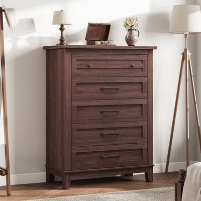 Garvee "5-Drawer Brown Freestanding Wooden Chest, 41.3"" Tall, Vertical Dresser for Living Room, Bedroom, Entryway"
