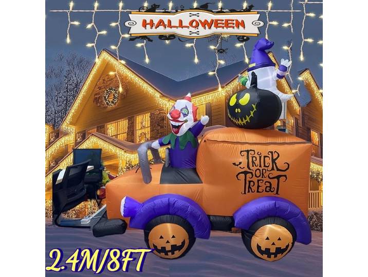 Jouets gonflables d'halloween de 8 pieds, camion fantôme Clown, LED intégrées, décorations pour la maison, décorations de cour gonflables