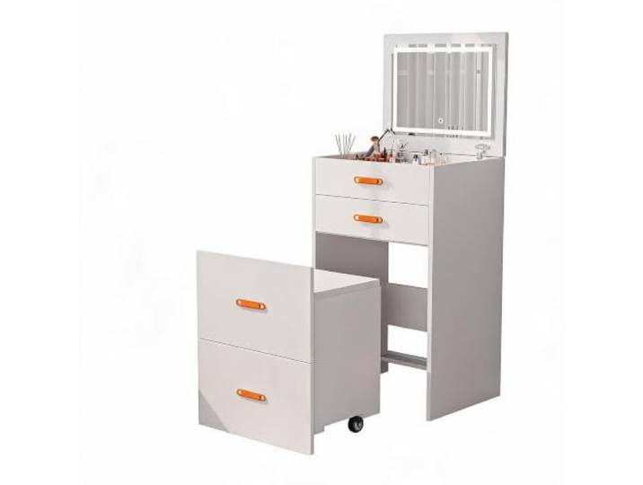 GarveeHome 3-in-1 Schminktisch Set, LED Spiegel, Kosmetiktisch mit Hocker Dimmbare Beleuchtung; 3 Farbmodi; Platzsparend; Nachttisch-Funktion; Stauraum; Weiß; Mädchenzimmer; Apartments; Modern