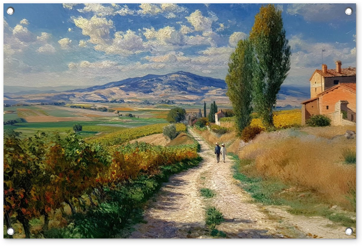 Tuinposter Mensen Wandelen in Velden - Tuindecoratie voor Buiten - Breedte: 90 cm, Hoogte: 60 cm