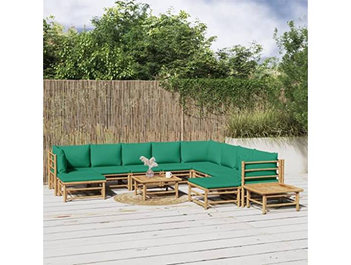 Bambou durable avec coussins confortables Salon de jardin Brun 12 pièces Salon de jardin 12 pcs bambou avec coussins vert, ensemble modulable canapé extérieur avec table, résistant intempéries pour