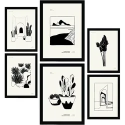 POSTER Set Mit 6 In Schwarzer Tinte Kakteen In Töpfen Künstlerische Und Abstrakte Drucke Für Innenarchitektur A3 & A4 Schwarzer Rahmen