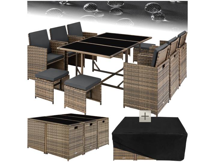 Salon de jardin MALAGA 10 places avec housse de protection - marron naturel
