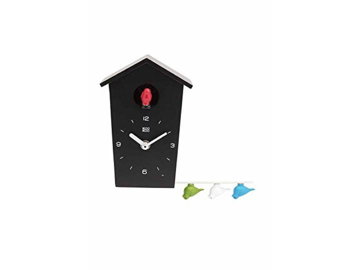 KOOKOO Birdhouse Mini zwart, kleine moderne koekoeksklok met 12 natuurlijke vogelliedjes of koekoeksklok