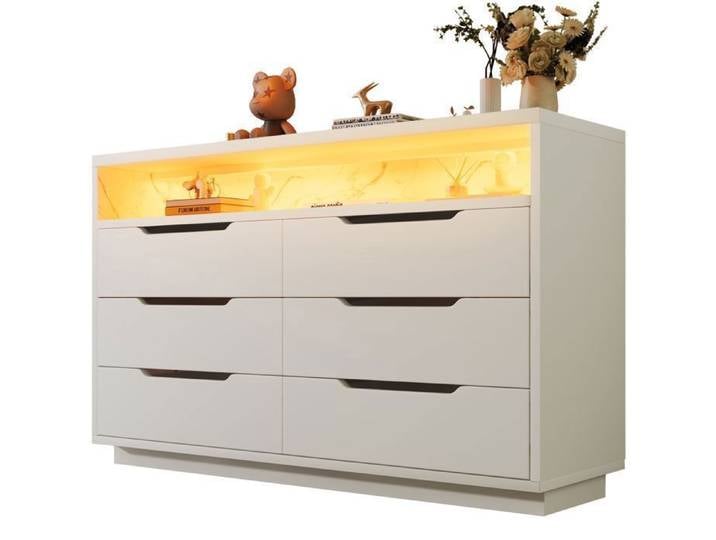 Buffet bas LED blanc effet marbre 6 tiroirs 120 x 40 x 85 cm