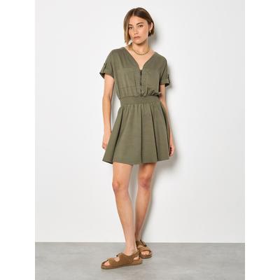 Minikleid APRICOT "Minikleid", Damen, Gr. L (40), N-Gr, grün (khaki), gewebt, Obermaterial: 55% Baumwolle CO. 43% Lyocell CLY. 2% Elasthan EL., uni, V-Ausschnitt, Krempelärmel, Kleider Minikleid, mit Reißverschlussdetail