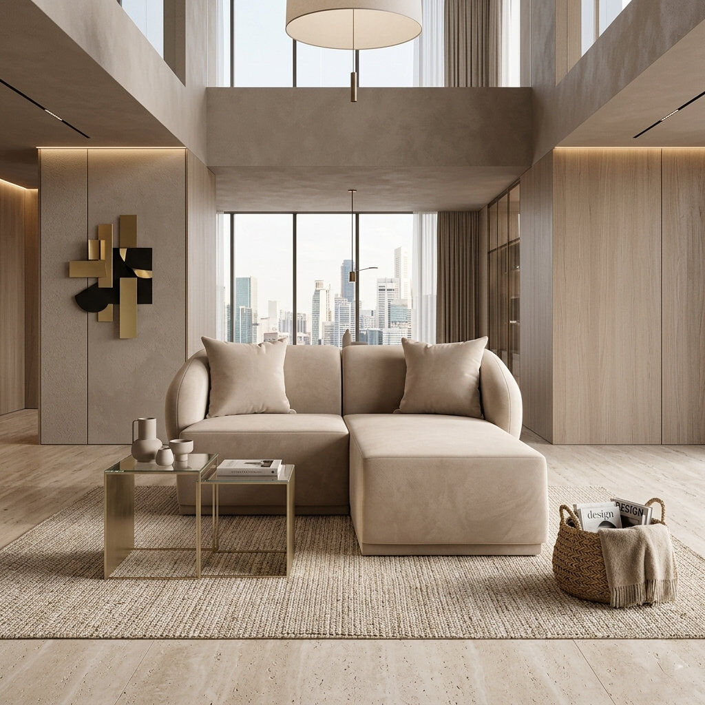 17 Stories 2 Seater Velvet Corner Modular Sectional Lotario For Living Room Apartment Beige 77cm H X 179cm W X 166cm D