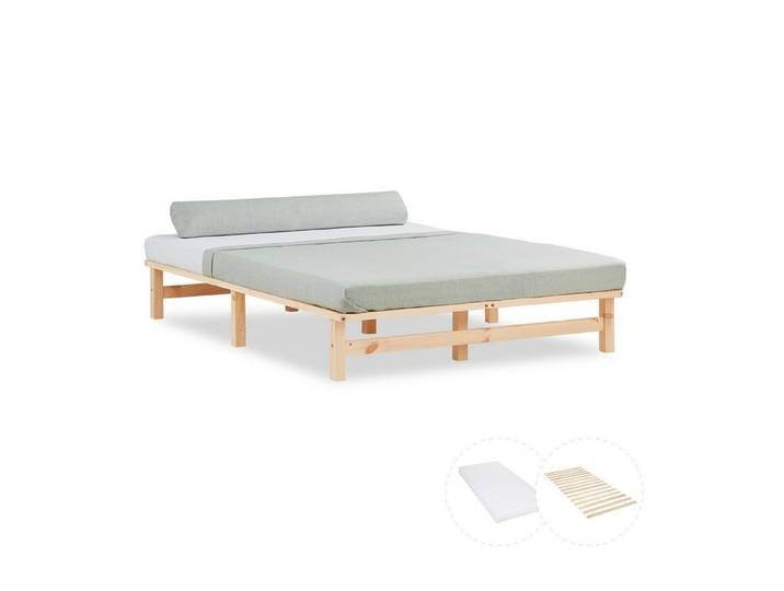 Homestyle4u Palettenbett Holzbett 90x200 100x200 140x200 Jugendbett modern Skandi bodennah (Komplett-Set mit Lattenrost, 3-tlg., inklusive Matratze mit OEKO-TEX® Standard 100), 140x200, Braun, naturbelassen, Doppelbett, bodennah