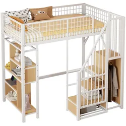 OKWISH Hochbett Metall mit Stauraumtreppe und Regalen, platzsparendes Bett mit Arbeitsbereich unten, robustes Design, 90x200 cm, Weiß