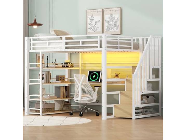 Metallbett Hochbett 140x200 mit LED-Licht & Schreibtisch & Treppe, Weiß Multifunktionales Kinderbett Jugendbett 140x200 mit LED-Beleuchtung, Schreibtisch, Ladestation und Treppe, Ohne Matratze
