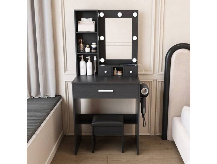 Xylo - Coiffeuse bois LED prise support sèche-cheveux 60×130×36 cm