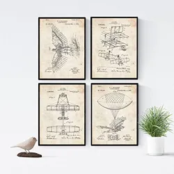 POSTER Set mit 4 Jahrgang Flugzeuge Patent A4 Schwarzer Rahmen