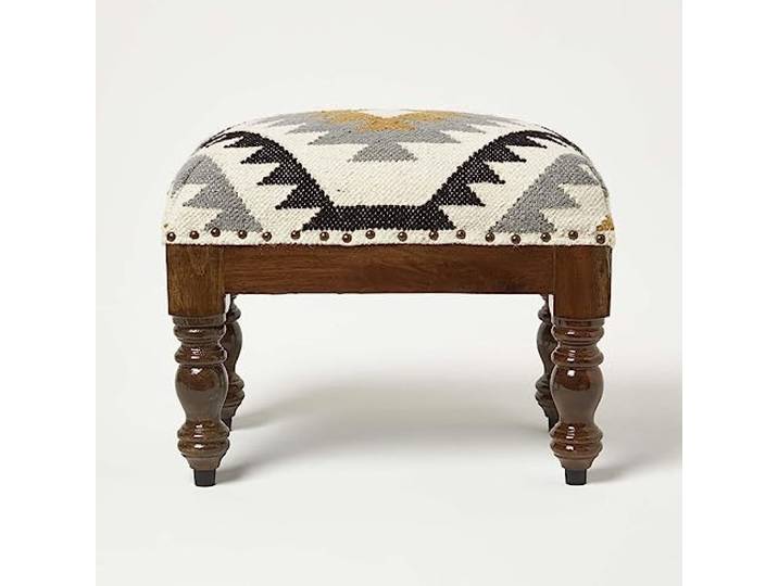 Homescapes Kelim-Hocker Agra 30x50 cm, Hocker rechteckig mit handgewebtem Kelim-Bezug, Polsterhocker mit Holzbeinen