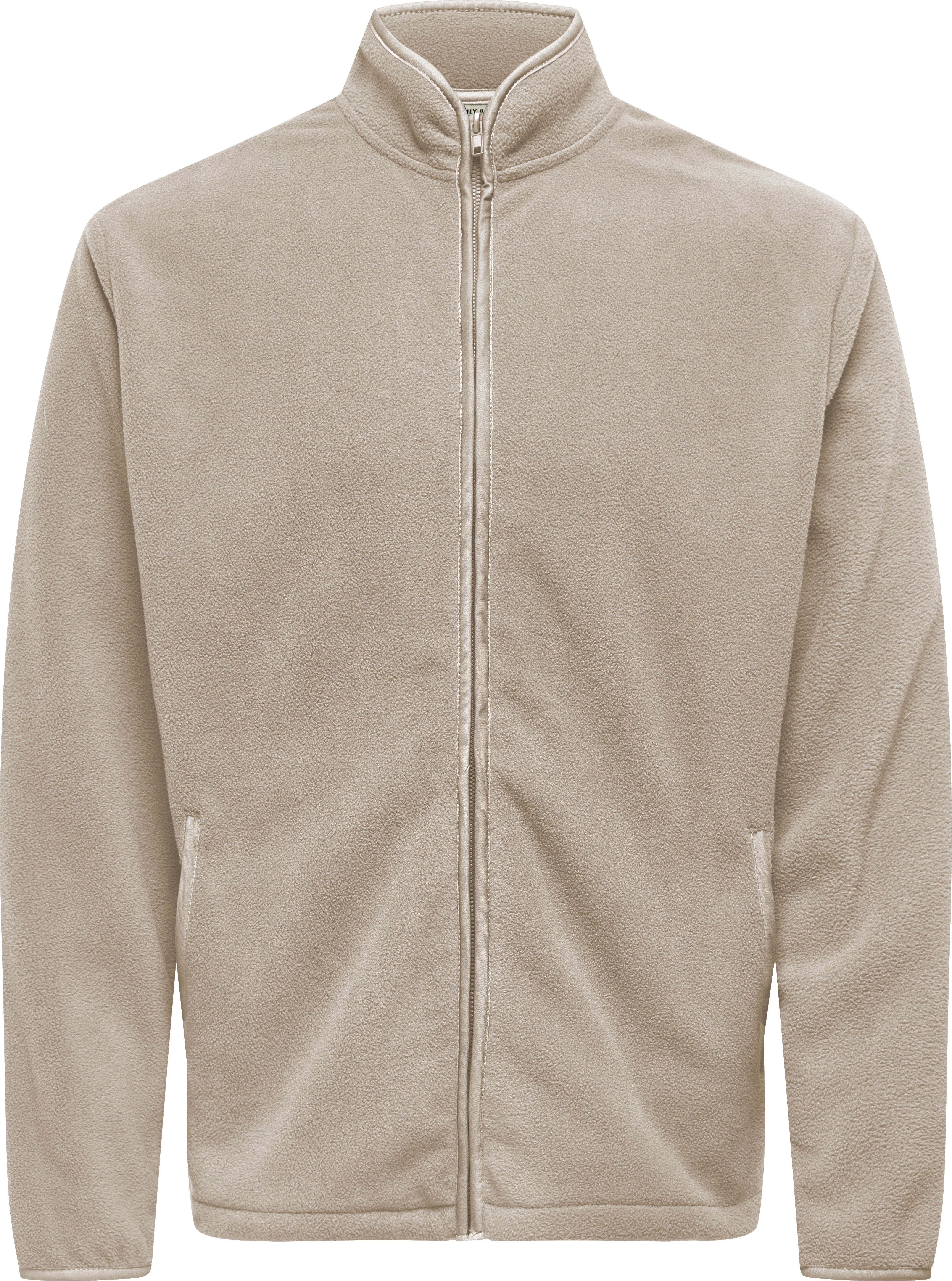 Sweatjacke ONLY & SONS "ONSAKEEM FULL ZIP REG SWEAT OTL", Herren, Gr. M, beige (silber lining), Fleece, Obermaterial: 100% Polyester, unifarben, regular fit normal, ohne Ausschnitt, gerader Abschluss, Sweatjacken Sweatjacke
