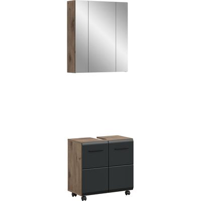 Badmöbel-Set WELLTIME "FLORENZ, 2-tlg. Bad-Kombination, hochwertige MDF-Front", nox oak nachbildung, schwarz matt, B:60cm H:185cm T:30cm, Kastenmöbel-Sets, Badmöbel-Set, Bad-Kombination, Bad-Möbel, Badezimmer, Kombination, Kombi