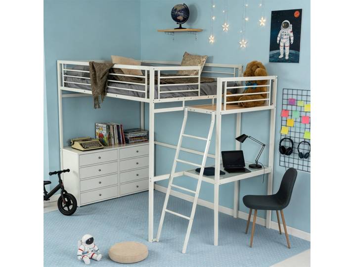 Meubles Cosy Hochbett Metall Weiß 140x200 cm – Loftbett mit Arbeitsbereich, Leiter und Sicherheitsgeländer, 145.5x201 cm, Babymöbel & Kindermöbel, Kinderzimmer & Jugendzimmer, Kinderbetten, Hochbetten