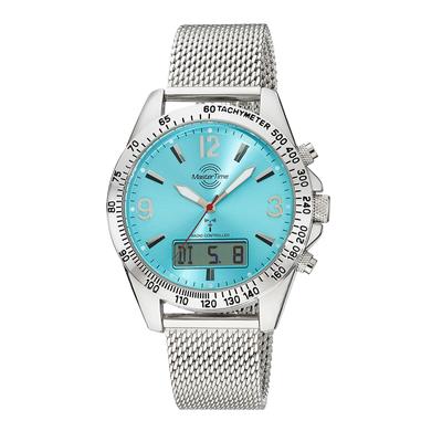 Funkchronograph MASTER TIME "Sporty", blau (stahlgrau, hellblau), Armbanduhren, Herren, Quarzuhr, Armbanduhr, Herrenuhr, Edelstahlarmband, analog, digital