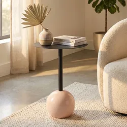 Design Beistelltisch mit runder Tischplatte, schwarz-beige – Moderner Säulenfuss mit Kugel als Standbein – Dekorativer Ablagetisch
