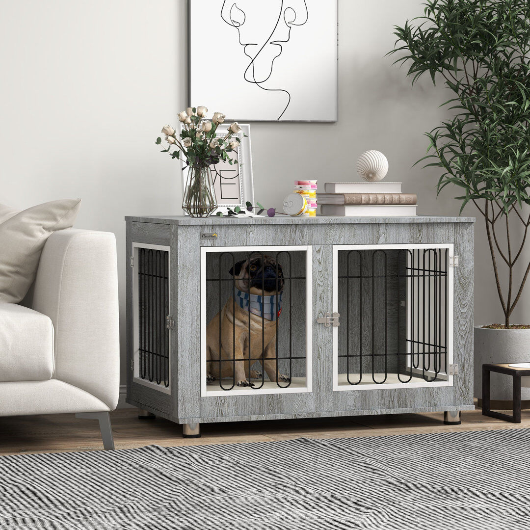 PawHut Dog Crate Furniture Dog Crate End Table with Soft Cushion Double Door Grey