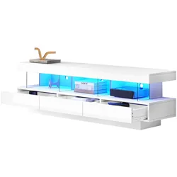 Hochglanz-TV-Schrank 160x38x50, LED-Beleuchtung, Push-to-Open Glasfächer, Musikmodus, 3 offene Fächer, Kabelmanagement, Weiß