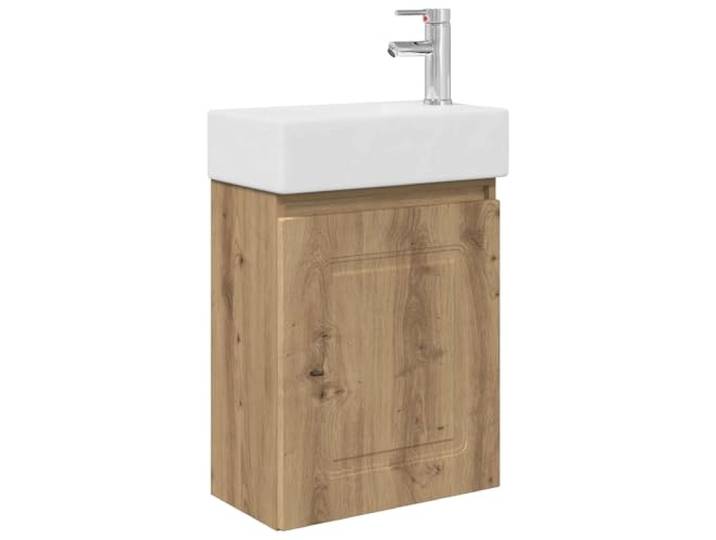 PUGYNBK Badezimmermodul mit Armatur Eiche Artisan, 45,5 x 22,5 x 84 cm Keramikwaschbecken, Wandmontage, umkehrbare Tür, Kalt- und Warmwasserhahn