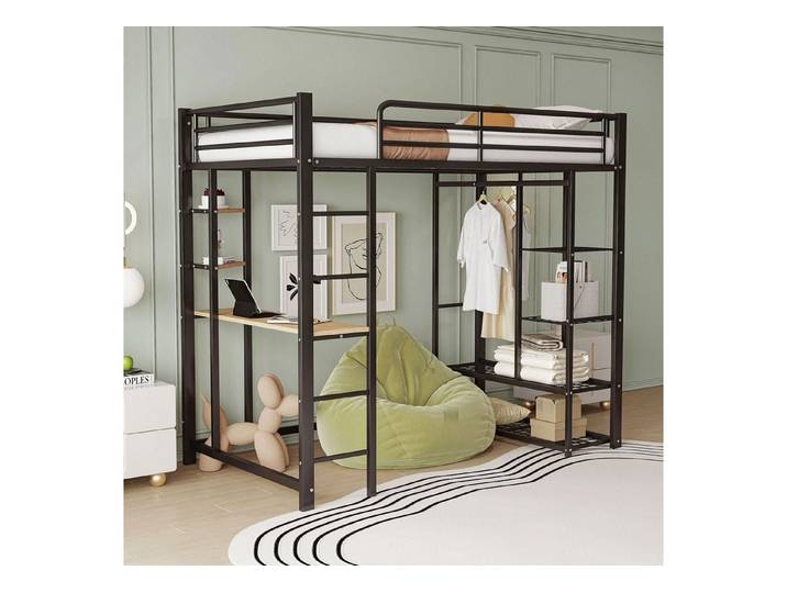 HAUSS SPOLE Hochbett 90x200 mit Tisch mit einfacher Aufhängung mit Ablagefächern, Schwarz