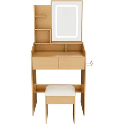 SCHMINKTISCH in Holzoptik 60 cm mit LED-Spiegel, Steckdose und Hocker