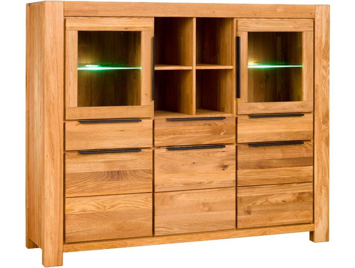 Highboard HOME AFFAIRE, braun, B:172cm H:140cm T:45cm, Holz teilmassiv, Sideboards, Highboard, mit stylischen Schwarzen Akzenten, 3 Schubladen, 14 Fächer.