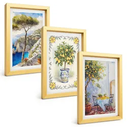 BILDER SET 3er Set - 20x30 cm Goldrahmen - Blick auf das Meer aus Zitronenbäumen