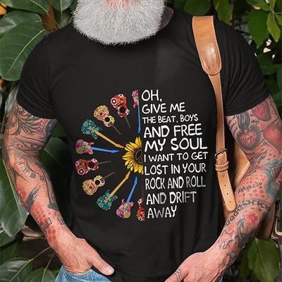 Rock und Roll Musikliebhaber Herren T-Shirt mit Gitarre Sonnenblumen Grafik 'Drift Away' Songtext Tee