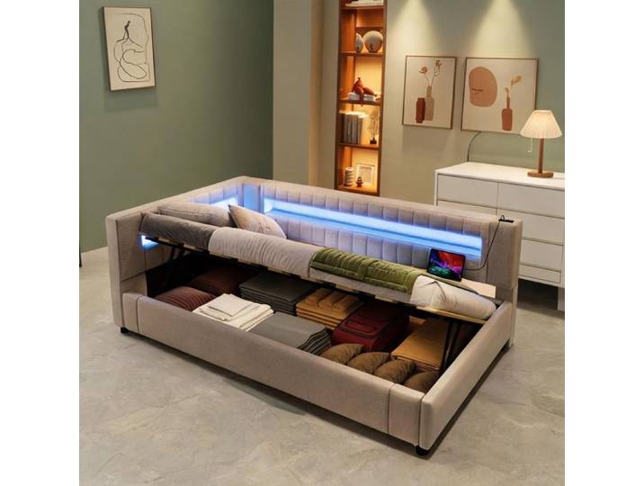 Méridienne compacte en lin beige avec rangement hydraulique et éclairage LED 90x200 cm
