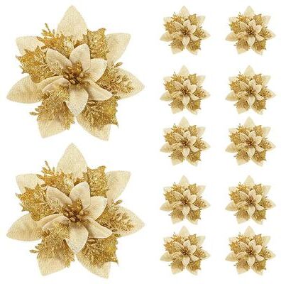 Discount Dollar Deals Christmas Flower Ornaments For Tree, Pink, Red, Gold Glitter Artificial Flowers For Xmas Home Decoration gold 20pcs