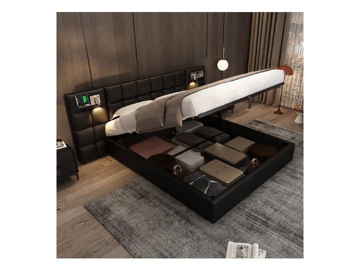LVHOM Boxbett Polsterbett 180x200, Hydraulik, USB, Qi-Ladung, Typ C-Ladung, Licht, Geeignet für Hauptschlafzimmer, Gästezimmer und Hotels.