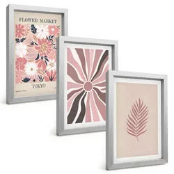 BILDER SET 3er Set - 20x30 cm Silberner Rahmen - Florale Blattmuster und Geometrie