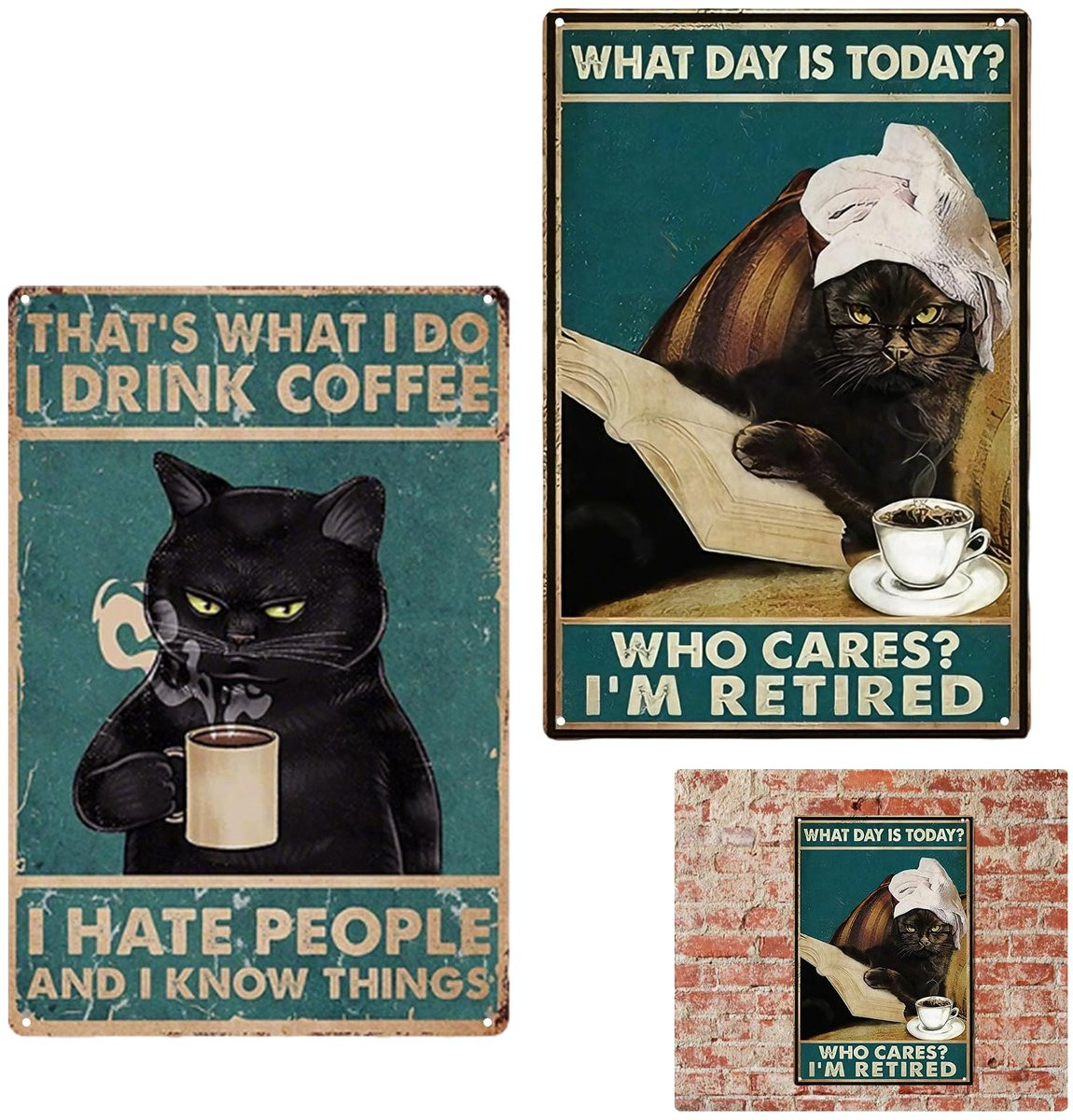 2-delige metalen wanddecoratie met katten in retro stijl